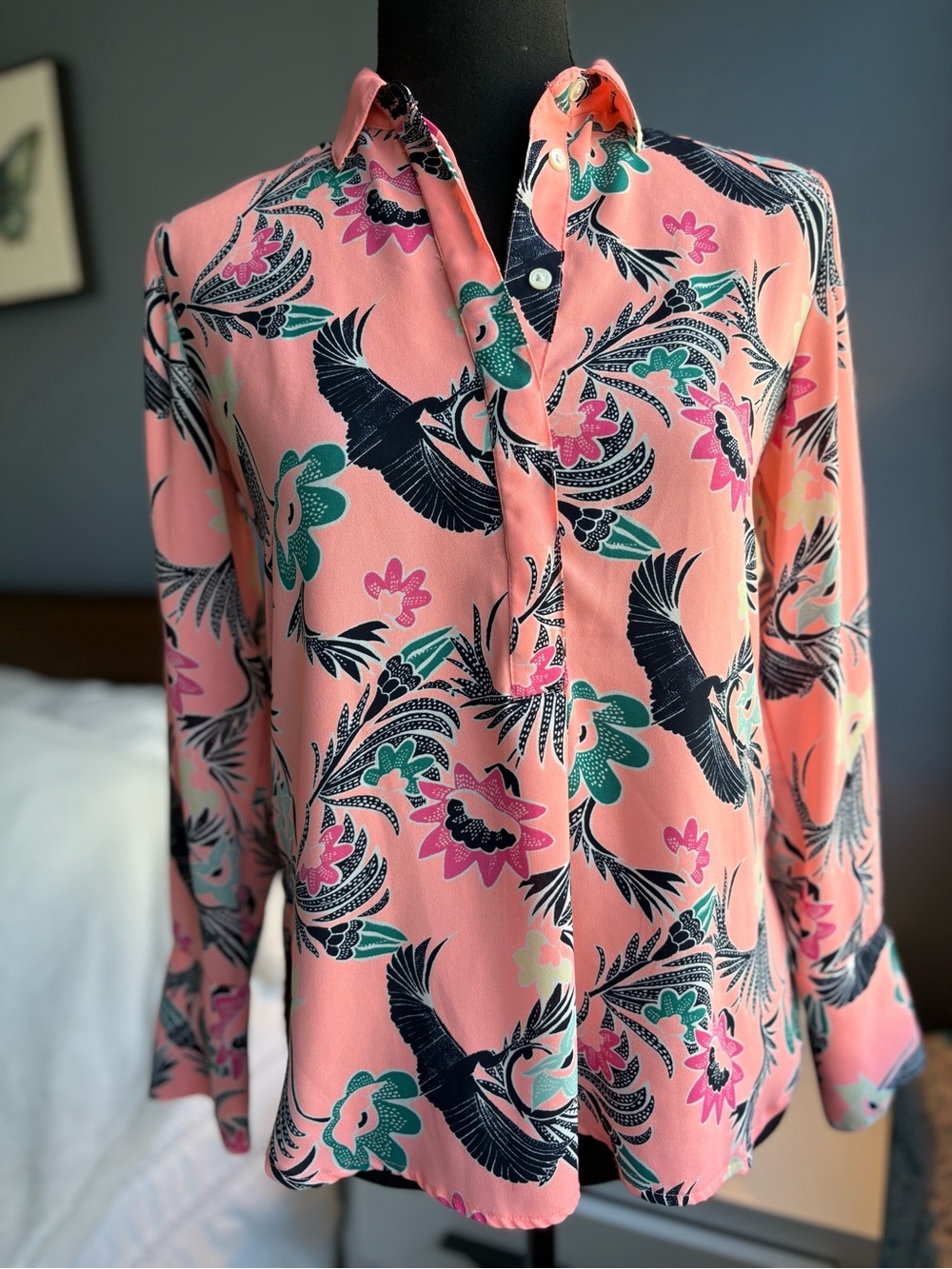 Banana Republic Coral Pink Tropical Print Popover Long Sleeve blouse - Picture 1 of 14